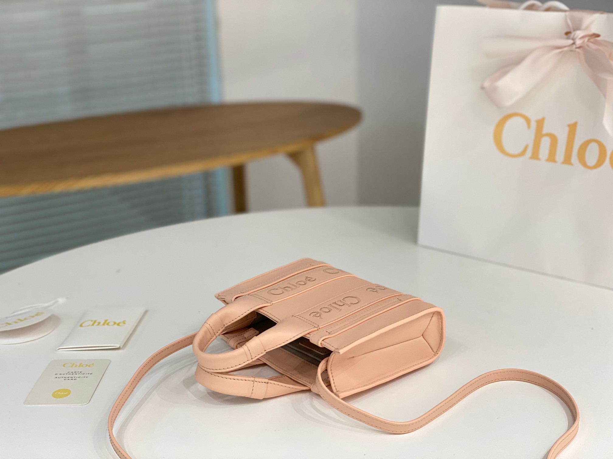 Chloe Mini Woody Tote Bag In Pink Soft Smooth Calfskin Leather